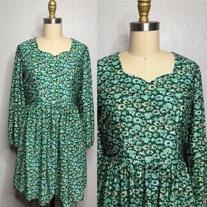 Vintage 60s Floral mod Green mini Dress long sleeve sz M